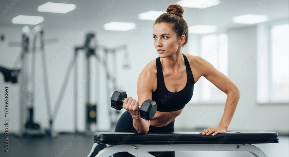 Fototapeta premium Woman with top knot hairstyle performing dumbbell exercise on bench in bright gym. Professional strength training workout content for sports facility advertising materials