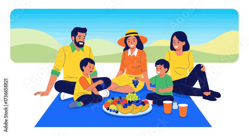 Family Enjoying A Picnic Outdoors with Fruits and Drinks During A Sunny Day