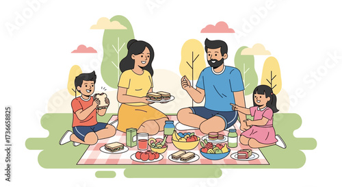 Family enjoying a picnic in the park with food and happy moments together