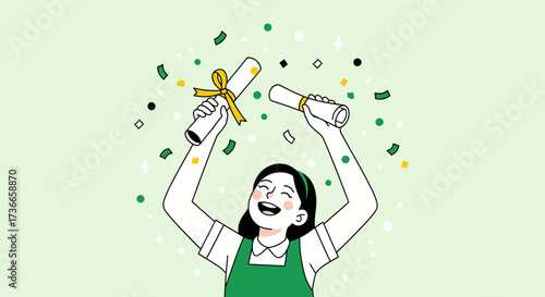 Education Celebration: Joyful Graduate Shows Off Diplomas Amidst Festive Confetti Shower