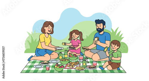Family Enjoying Outdoor Meal Picnic, Greenery Delight, Leisure Time, Illustration Design