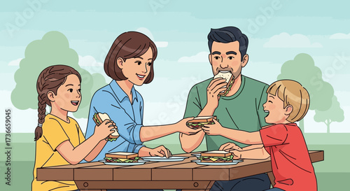 Family Enjoying Picnic Lunch Together Outdoors In Nature With Delicious Sandwiches