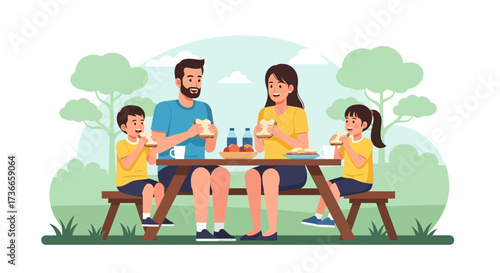 Family Enjoying Picnic Outdoors At A Table, Celebrating Summer Times Together