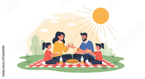 Family Enjoying Picnic Under Sun, Sharing Sandwiches On A Red And White Checked Blanket