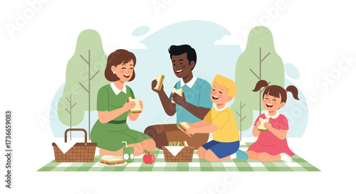 Family Enjoying Picnic, Eating Sandwiches, Smiling and Sharing Good Time Together