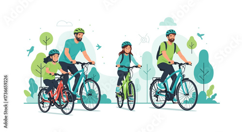 Family having fun riding bicycles in nature a sunny day with trees and birds