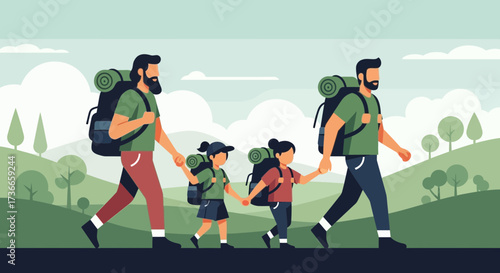 Family Hiking Together in Nature with Backpacks on a Day Trip Outing Adventure