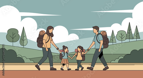 Family Hiking Together Through Nature with Backpacks and a Scenic Landscape