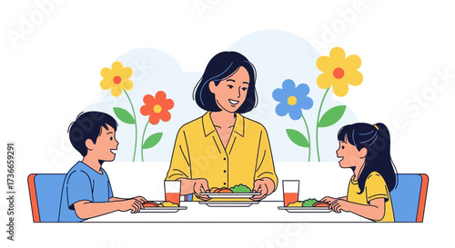 Family Meal Shared At Home With Children Smiling And Flowers In The Background