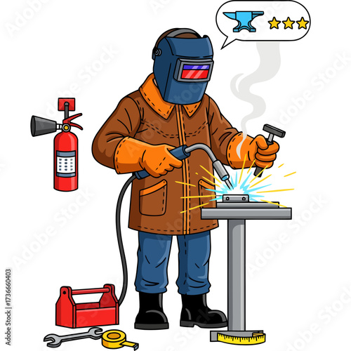 Skilled Welder at Work in Protective Gear Operating Welding Torch, Sparks Flying, with Fire Extinguisher and Toolbox for Safety in Cartoon Style.