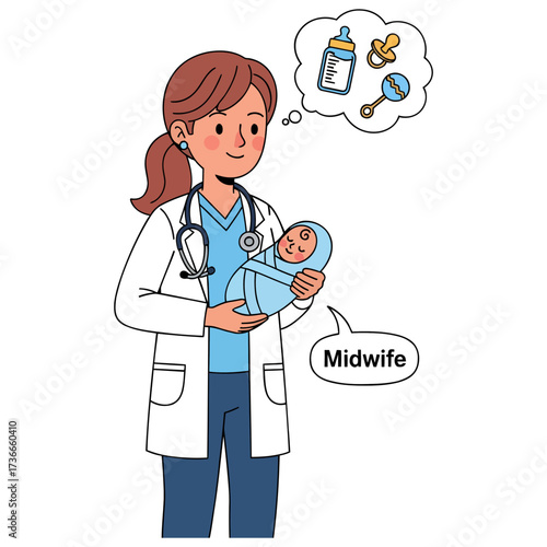 Professional Midwife Providing Compassionate Healthcare and Nurturing Support for Newborn Babies and Expecting Mothers, Illustrated Concept of Maternal Care