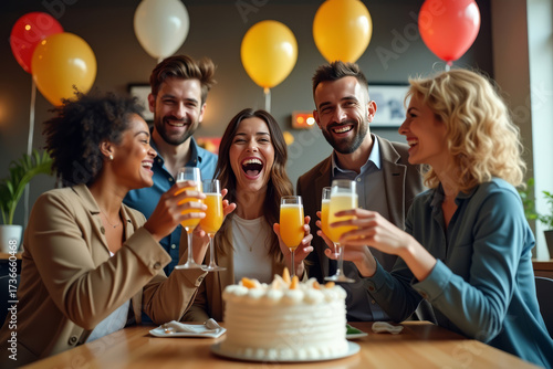 Corporate birthday party. Team celebrating in office with cake. Happy colleagues clapping and smiling. Workplace event with balloons. Group celebration at work.