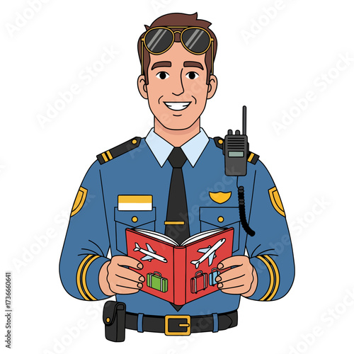 Friendly uniformed officer at a travel checkpoint, holding a passport, representing smooth and secure passage for international voyagers, ready to assist travelers.