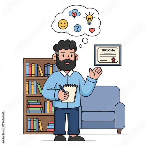 Psychologist providing mental health counseling and guidance, illustrating emotional well-being, thoughts, and personal development in a therapeutic session.