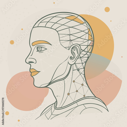 Profile of a Stylized Humanoid Head with Geometric Lines and Soft Circles