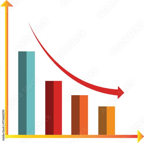 Colorful bar chart showing decreasing data trend with red arrow