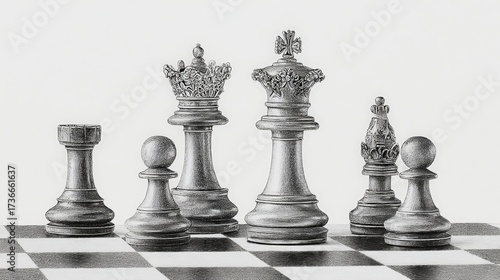 Chess pieces on a chessboard, set against a neutral background, with a focus on the strategic elements of the game. pencil sketch, realistic drawing, black and white