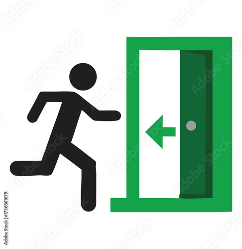 Adobe Illustrator Artwork Emergency fire exit sign. running man icon to door. Exit emergency arrow sign vector image. Fire evacuation sign. warning sign plate logo stock images illustration.