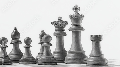 A collection of chess pieces positioned on the chess board, ready for a strategic game. The black pieces include the king, queen, rook, bishop. pencil sketch, realistic drawing, black and white