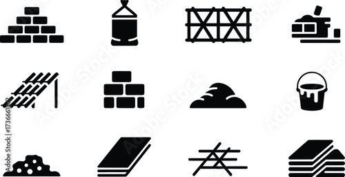 Collection of construction and building material icons in a grid layout