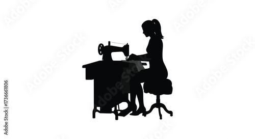 Silhouette of a woman diligently sewing on a vintage sewing machine at a table