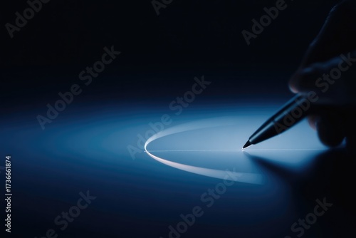 Illuminated hand creating smooth line on dark surface, showcasin