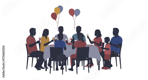 Silhouette of a diverse family celebrating together around a decorated table with balloons