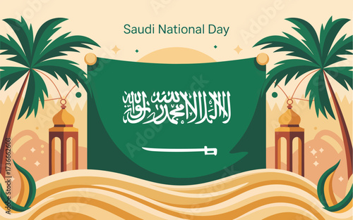 Saudi National Day illustration with flag palm trees and mosque