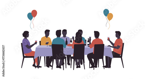 Diverse group of people enjoying a festive meal together at a long table celebrating