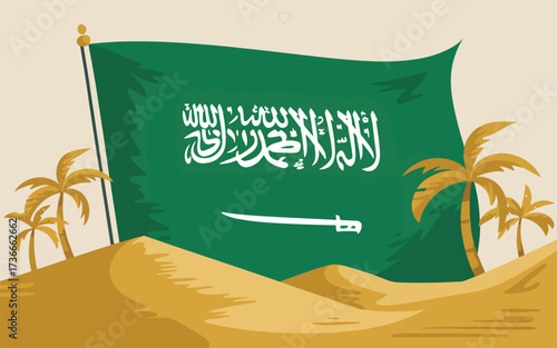 Saudi Arabia flag waving over desert dunes with palm trees