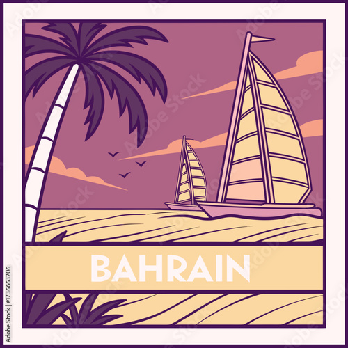 Stunning Bahrain Travel Poster Art with Sailboats and Palm Tree for Souvenirs and Vacation Memories, Perfect for Retro Wall Decor and Coastal Getaways