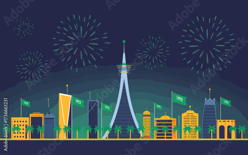 Saudi Arabia skyline with flags and fireworks at night