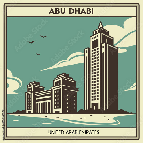 Vintage Abu Dhabi Travel Poster Art, United Arab Emirates Skyline with Modern Architecture and Birds, Retro Travel Destination, Stylish Cityscape Design