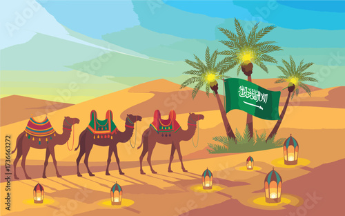Three camels with colorful saddles walk across a desert landscape with palm trees and lanterns