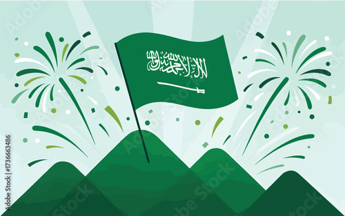 Saudi Arabia flag waving over green hills with fireworks