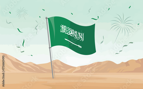 Saudi Arabia flag waving in desert landscape with fireworks and confetti