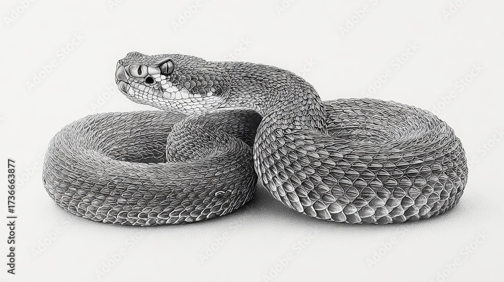 Obraz premium A rattlesnake, curled and ready to strike, its scales detailed in monochrome. A close-up shot of the snake, capturing its intimidating presence. pencil sketch, realistic drawing, black and white