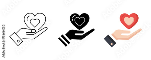 Heart in hand icons set. Hands holding heart icon. Love icon. care, support, donation, charity and giving symbol. Vector illustration.