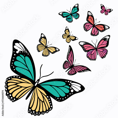 Delicate butterflies in flight, a vibrant burst of color and movement, perfect for spring designs and nature themes, originally a scalable vector graphic