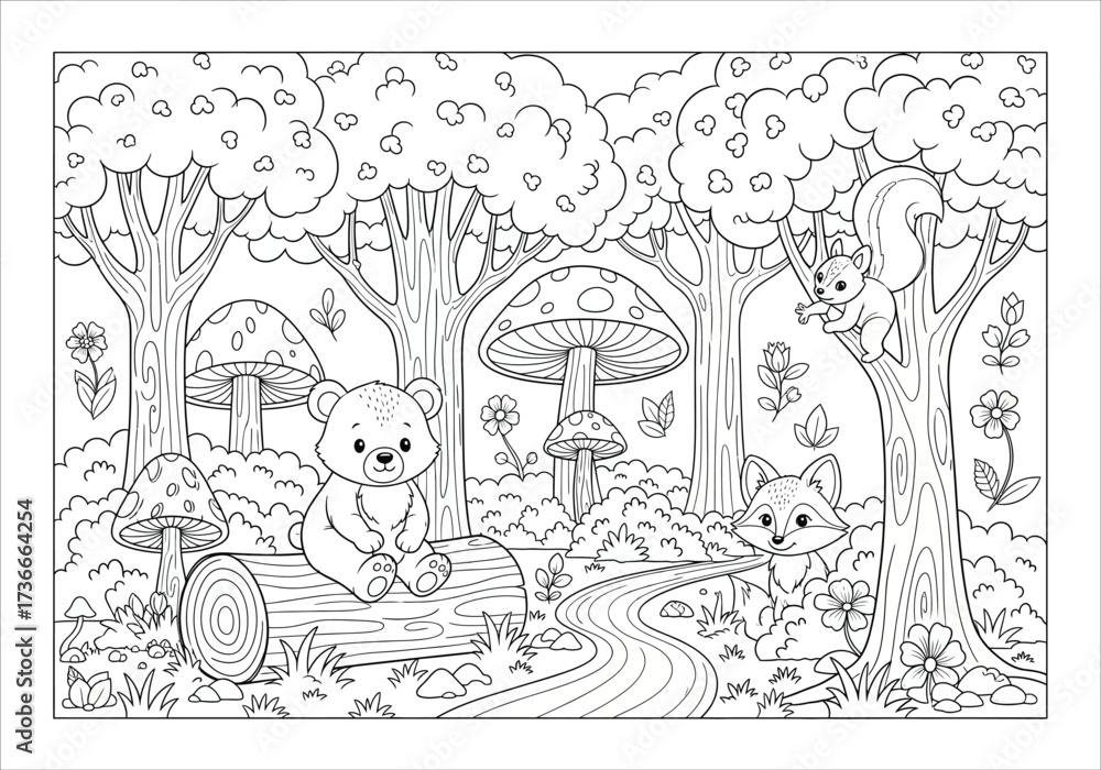 Fototapeta premium Illustration of cute bear and fox in forest with mushrooms, trees, squirrel for coloring book