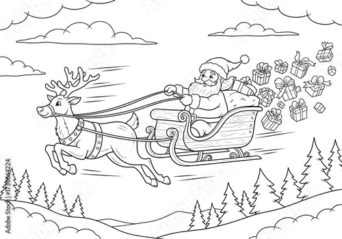 Illustration of santa claus riding reindeer sleigh with gifts for coloring