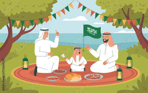 Saudi family enjoying picnic with flag and food Saudi Arabia