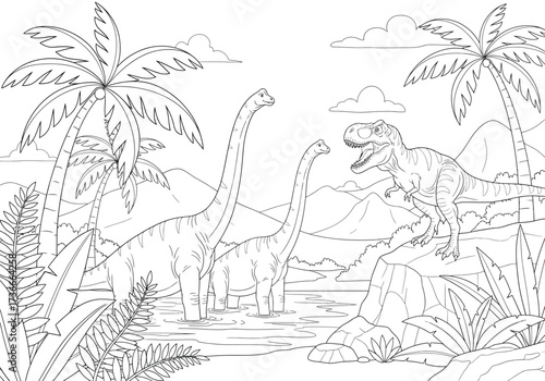 Illustration of dinosaur in prehistoric landscape for coloring book