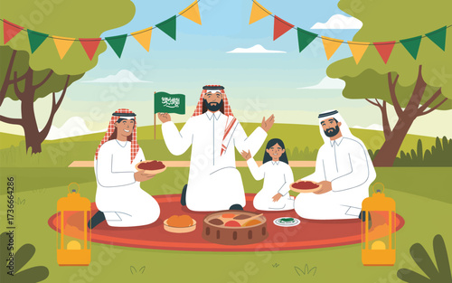 Family picnic with Saudi flag and food Saudi Arabia