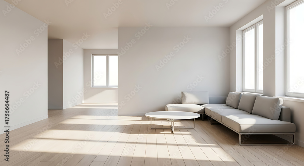 Fototapeta premium Modern minimalist living room interior design with sofa and windows for architecture inspiration