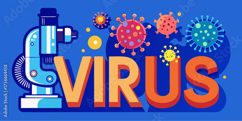 Virus concept with microscope and colorful virus cells on blue background in modern flat style