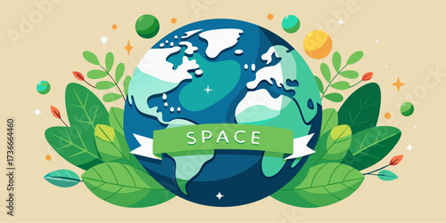 Earth illustration with green leaves, stars and planets around, featuring a green ribbon labeled space