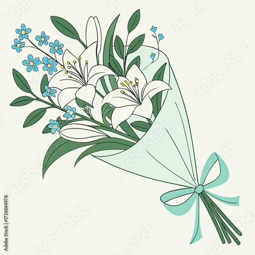 Beautiful floral bouquet illustration with lilies and forget me nots perfect for wedding or gift design ideas