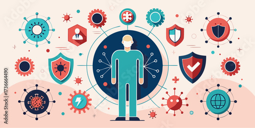 Medical worker in protective suit surrounded by virus icons, shields and digital symbols of protection and health