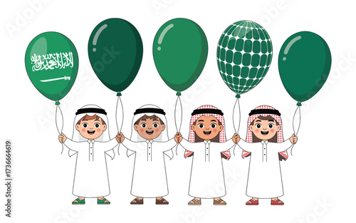 Four boys in traditional clothing holding green balloons